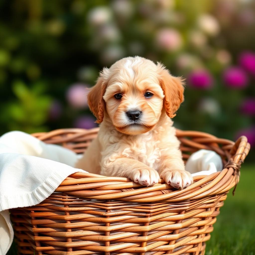 A cockapoo puppy in a wicker basket in a sunlit garden
